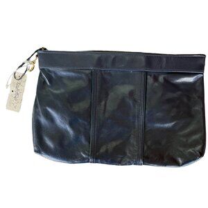 Linda Taylor Navy Blue Leather Clutch Purse With Tan Interior 12 x 8 Inches